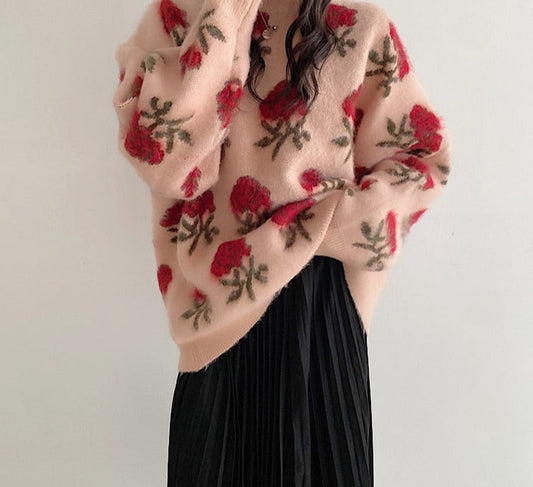 flowersverse Back to school outfit Chic Sweater Woman  Autumn New Korea Elegant Ins Fashion O-Neck Flower Print Long Sleeves Versatile Knit Pullover