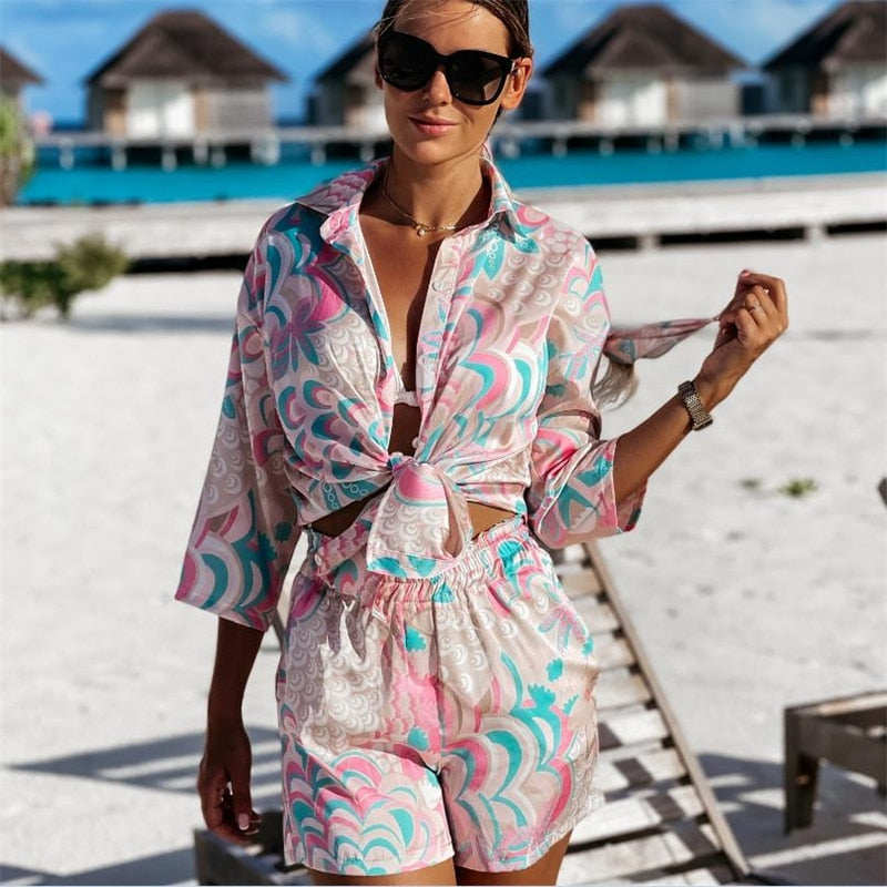 flowersverse 2Pcs Beach Styles Satin Sets Women Fashion Scenery Pattern Button-Down Shirts And Shorts  New Summer Casual Sets