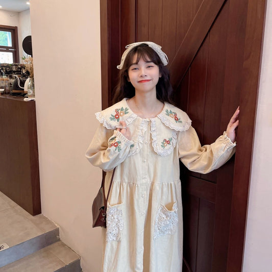 flowersverse Back to school outfit Dress  Spring Female Vintage Corduroy Doll Collar Age Reduction College Style Waist Slimming Embroidered Vestidos