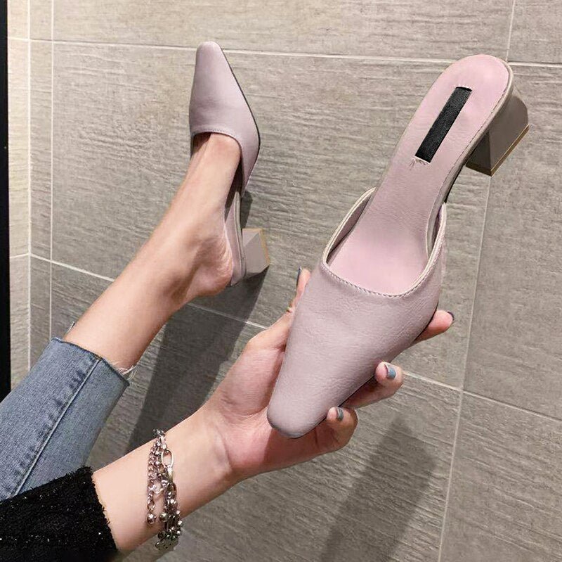 Women Sandals INS Fashion Low Heels Mules Shoes Slip-On Elegant Causal Summer Female Mules Slippers