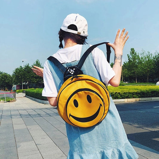 flowersverse Back to school  Funny Smiling Face Backpack Women Laptop Bag  Big Capacity Cartoon Printed Students Backpacks Children Nylon Travel Bag Yellow