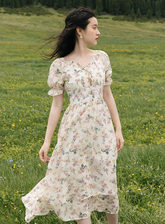 flowersverse Back to school  Summer Print Floral Lady Dress Cottagecore Vintage Puff Sleeve V-Neck Romantic Dresses For Slim Women Robe Fleurie Femme Vestido