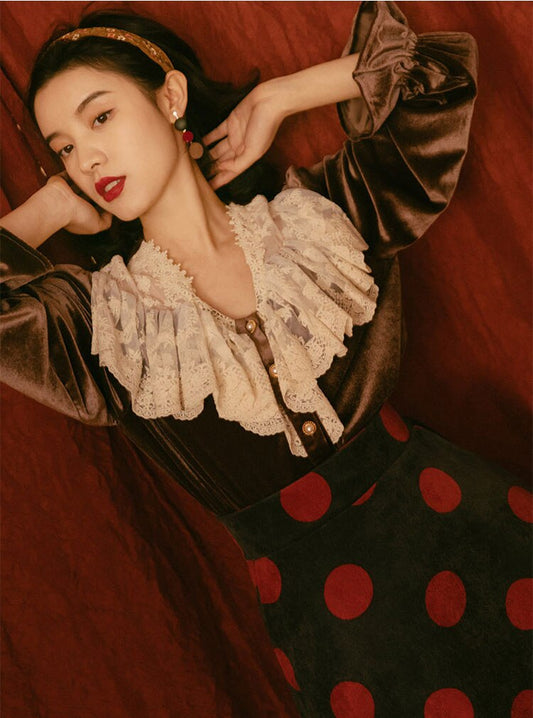 flowersverse Back to school Modern Vintage Style Lady Outfits Red & Brown Velvet Lace Flare Sleeve Blouse Tops Polka Dot Corduroy Skirt Retro 2 Piece Sets