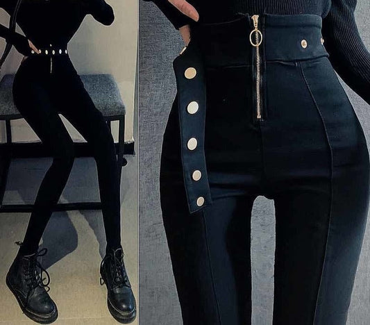 flowersverse Autumn Spring New Black leggings Casual Elastic High Waist stretch feet pants women's Metal Buttons was thin Pencil Pants