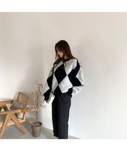 flowersverse Argyle Sweater Patchwork Pullovers  Spring Women Clothing Vintage Knitted Fashion O-Neck Black Casual Long Sleeve