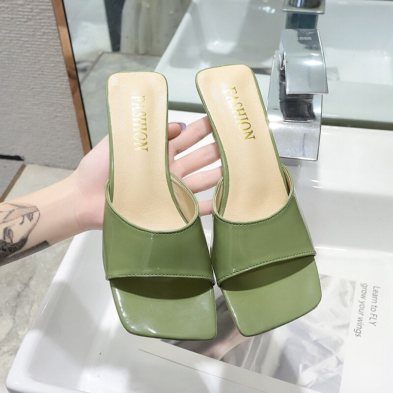 Summer Women's Flip Flops Square Toe Ladies Heel Mules   Thick Heel Heels Sandals Slippers Female Fashion Woman Shoes