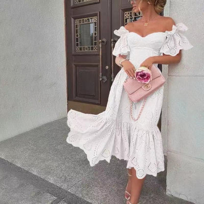 Graduation Gift Big Sale Women   Hollow Out Solid Ruffles Dress Summer Loose Lace Patchwork Casual Dress Elegant Strapless Party Dresses Vestidos