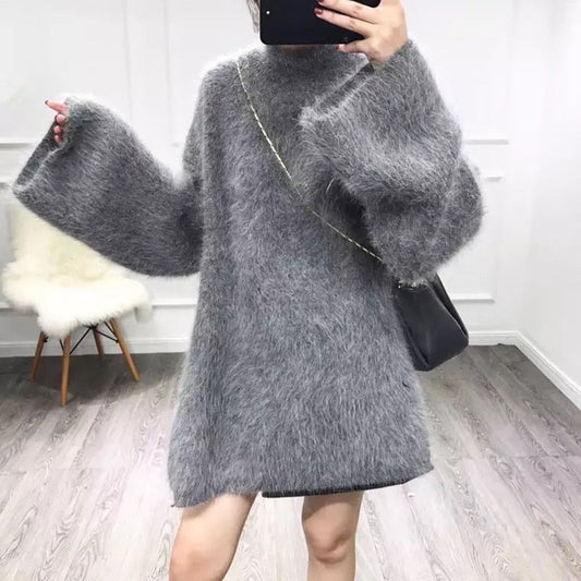 flowersverse Autumn Winter Long Turtleneck Sweater Women Loose Lazy Oaf Flare Sleeve Fluffy Synthetic Mink Cashmere Sweater Knitted Jumpers