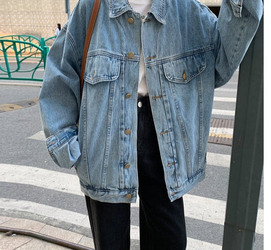 flowersverse Back to school outfit Woman Denim Coat Autumn New Ins Fashion Loose Turn Down Collar Single Breast Pockets Stitching Versatile Female Jacket