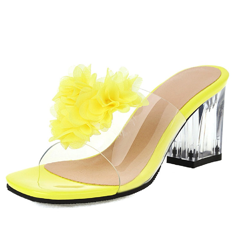 flowersverse Clear Heels Women's Slippers Sweet Bowtied Summer Shoes PVC Transparent Sandals Women Casual Yellow White Party Shoes Large Size