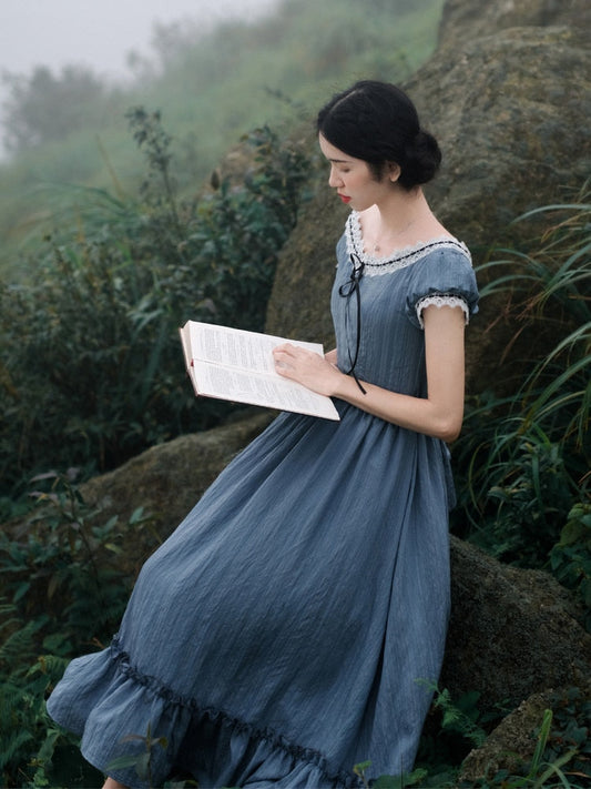 flowersverse Blue Gentle Vintage Dress Women Summer  Lace Round Neck Elegant Temperament Ladies Retro Jacquard Princess Vestido De Mujer K152