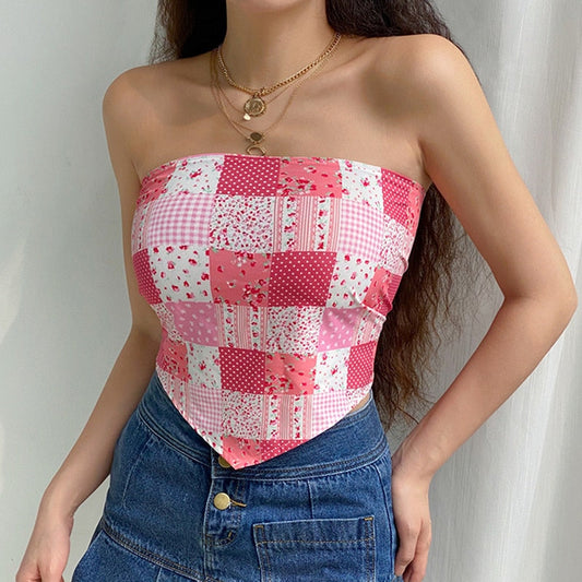 flowersverse 2000s Aesthetic Pink Cute Y2K Cami Top Women Flower Print Kawaii Clothes Sleeveless Backless   Halter Tops Summer