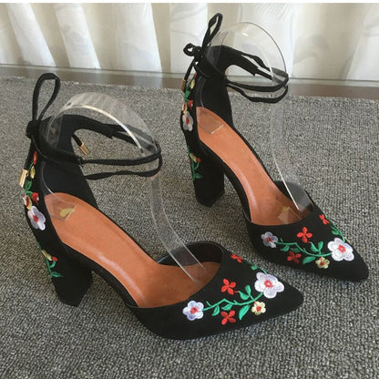 flowersverse Women High Heels Plus Size Embroidery Pumps Flower Ankle Strap Shoes Female Two Piece   Party Wedding Pointed Toe