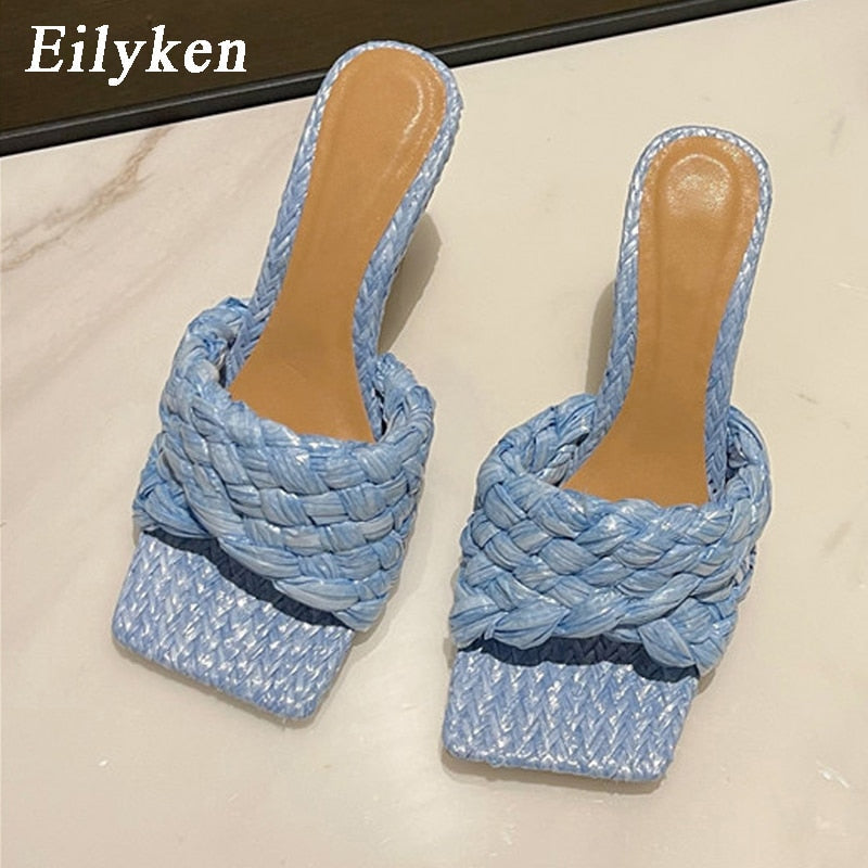 flowersverse  New Summer Design Weave Square Toe Heels High Quality Slippers Gladiator Beach Womens Sandal Slides Shoes