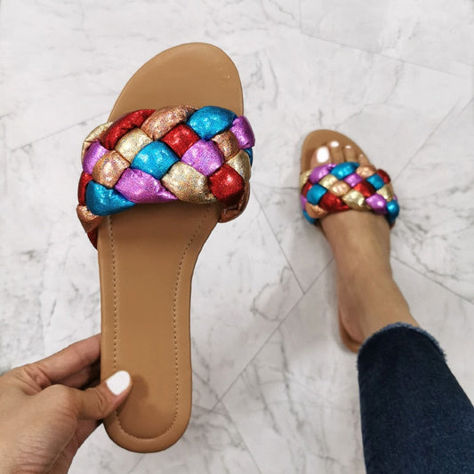 Summer Women's Sandals Shoes Flat Woman Slides Outdoor Beach Party Shoes Color Weave Female Slippers Large Size 37-41