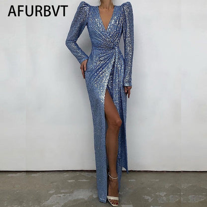 Graduation Gift Big Sale Elegant Sequined Glitter Party Dress Women   V Neck Bodycon Slim Glitter Dress Vestidos Long Sleeve Ladies Club Party Dresses