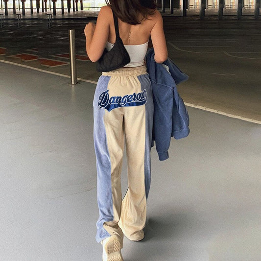 flowersverse Autumn Winter Wide Leg Pants Women Casual Print Letter Blue Casual Fashion Vintage High Waist Oversized Trouser
