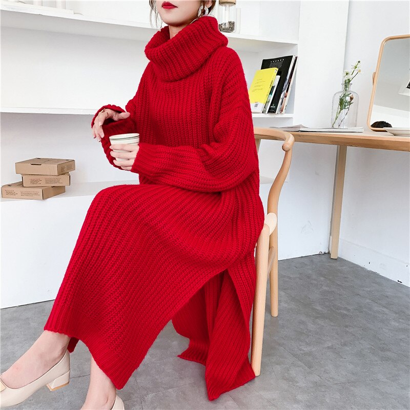 flowersverse Autumn Winter Thick Long Sweater Dress Women Side Slit Turtleneck Low-high Design Over Knee Plus Size Knitted Dress