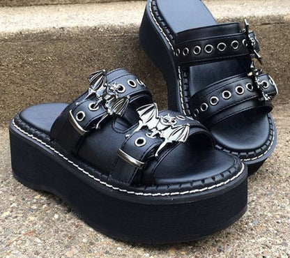 flowersverse Summer  Double Strap Buckles  Platform Wedges Fashion Goth Slippers Hot Women's Matal  Sandal For Comfy  Black Shoes