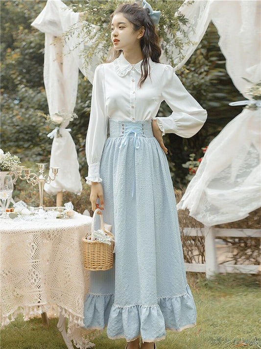 flowersverse Back to school outfit Modern Vintage Style Outfits Sweet Peter Pan Collar Lantern Sleeve White Blouse Lady Shirt & Light Blue Long Skirt Princess Suit