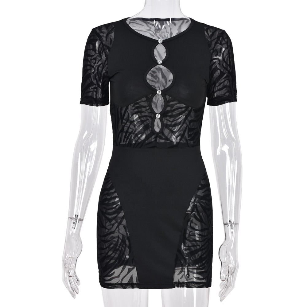 flowersverse Hirigin Cut Out   Zebra Mesh Transparent Women's Mini Dress For Beach Holiday Night Club Party Bodycon Pencil Short Dresses