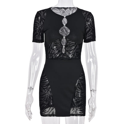 flowersverse Hirigin Cut Out   Zebra Mesh Transparent Women's Mini Dress For Beach Holiday Night Club Party Bodycon Pencil Short Dresses