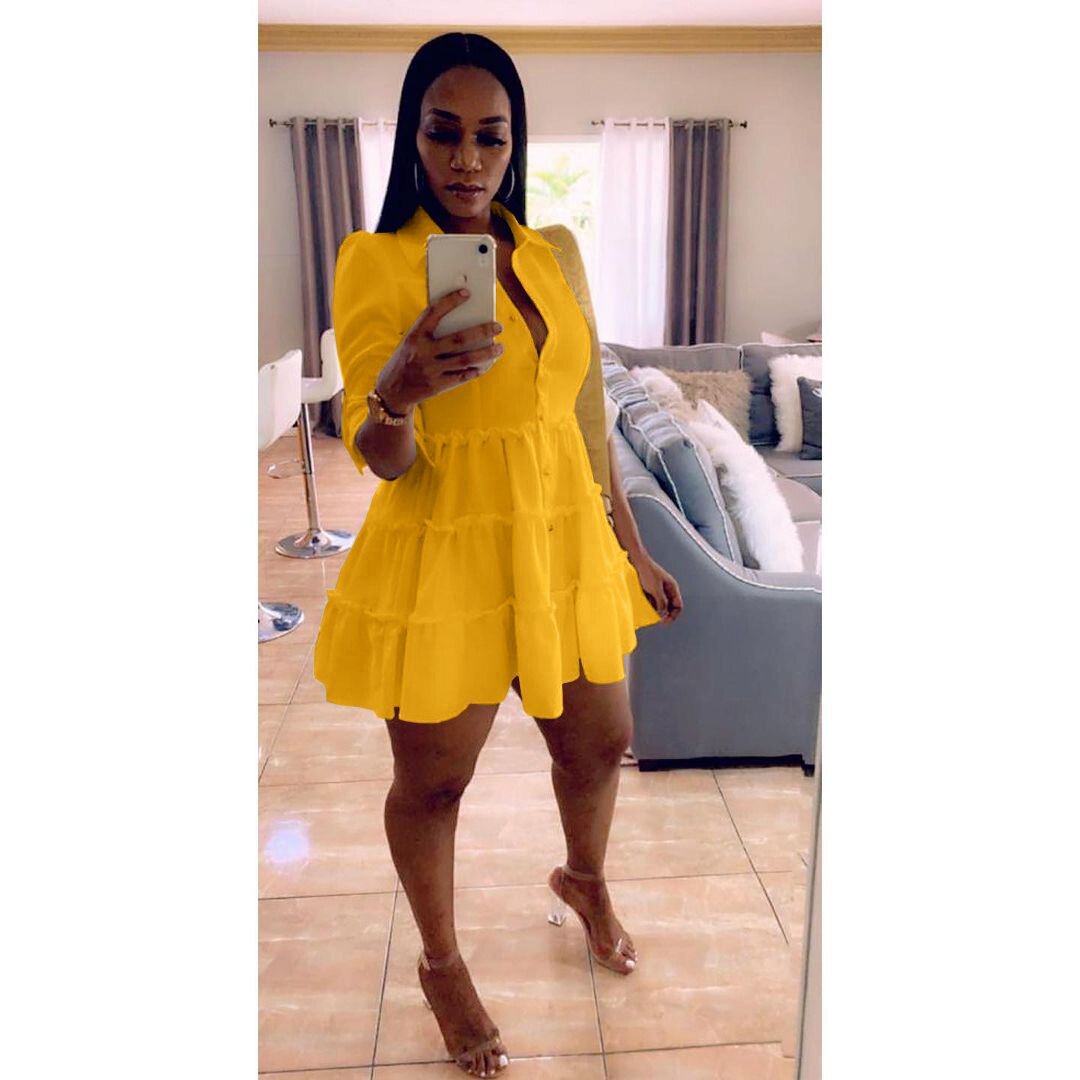 flowersverse Solid Ruffles Shirt Dress Women Streetwear Half Sleeve Buttons Up High Waist Mini Dress Summer Casual Party Dresses
