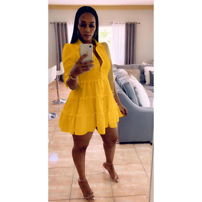 flowersverse Solid Ruffles Shirt Dress Women Streetwear Half Sleeve Buttons Up High Waist Mini Dress Summer Casual Party Dresses