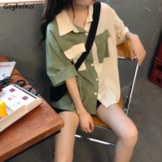 flowersverse Blouses Women Shirts Short Sleeve Patchwork Pockets Summer Fresh Leisure Students Preppy-Style Vintage Loose Harajuku Simple New