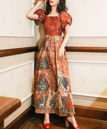 flowersverse Back to school outfit Summer Vintage Royal Long Dress Women Retro Print Puff Sleeve Square Collar Ankle Length Elegant Maxi Dresses For Party Night