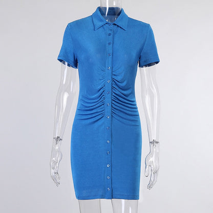 flowersverse Short Sleeve Ruched Bodycon Dresses For Women   Summer   Mini Dress Blue Green Turn-Down Collar Button Up Shirt Dress