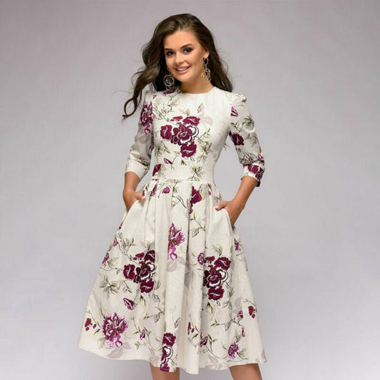 flowersverse Vintage Pleated Tunic Print Dress Women Elegant Ladies A Line Dresses Long Sleeve Female Autumn Mixi Party Dress Vestidos