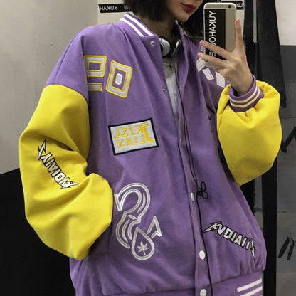 flowersverse America Bomber Baseball Jacket Purple Embroidery Letter Female Men Jacket Women Harajuku Plus Size Streetwear Outerwear Goth