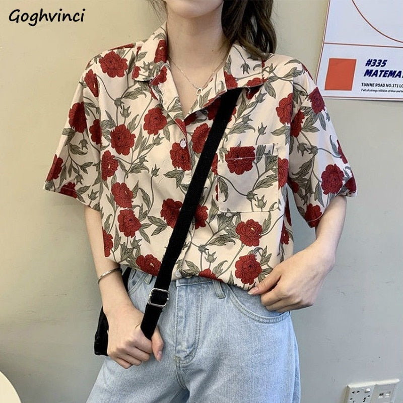 flowersverse Blouses Women Shirts Short Sleeve Summer Sum-Proof Harajuku Rose Print Vintage Retro Korean Style Loose Teens Streetwear Chic