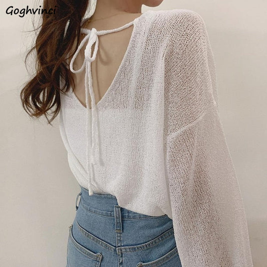 flowersverse Blouse Women Solid Color Minimalist Long Sleeve Fairy Elegant V-Neck Knitting Thin Breathable Soft Casual Basic Sun-Proof Mujer