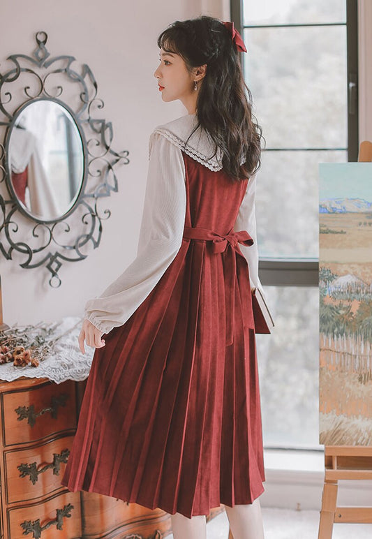 flowersverse Back to school  Japan Style Claret Corduroy Pleated Dress Women Autumn Sweet Peter Pan Collar With Lace Dresses For Slim Lady Vestido