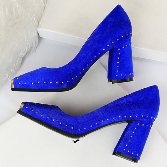 flowersverse Women 7.5cm High Heels Lady Escarpins Chunky Rivets Lady Block Block Low Heels Square Toe Office Blue Yellow Studded Shoes