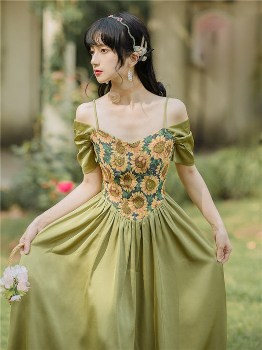 flowersverse Back to school outfit Summer Vintage Women Green Dress Cottagecore Retro Jacquard Floral Slash Neck Strap Off Shoulder Sexy Long Dresses Lady Party
