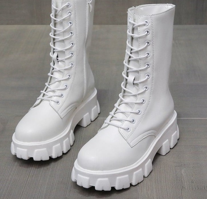 flowersverse Spring Women White Boots Autumn Fashion Black Leather Platform Gothic Boots Punk Combat Mid-Calf Boots for Women