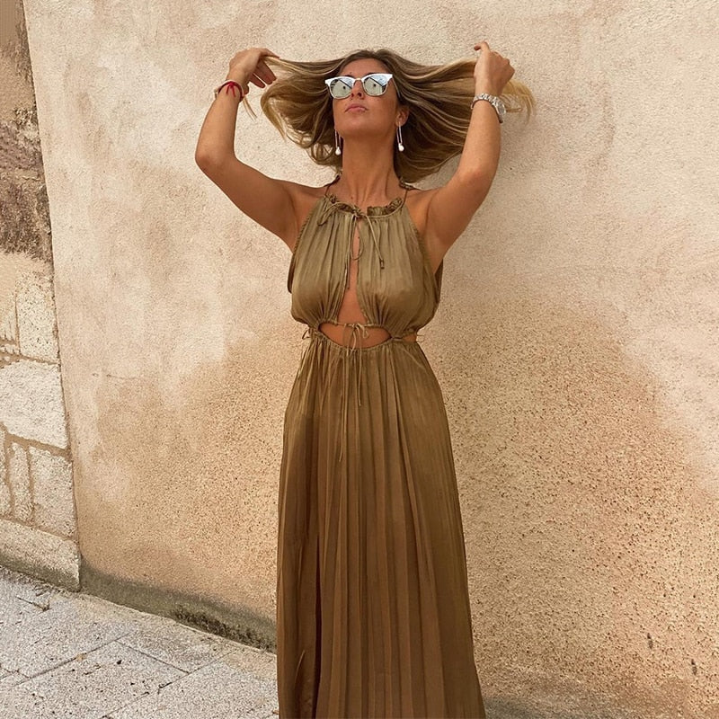 flowersverse Back to college Elegant O Neck Satin Lace Up Long    High Waist Hollow Out Sleeveless   Maxi Dress Party Dresses