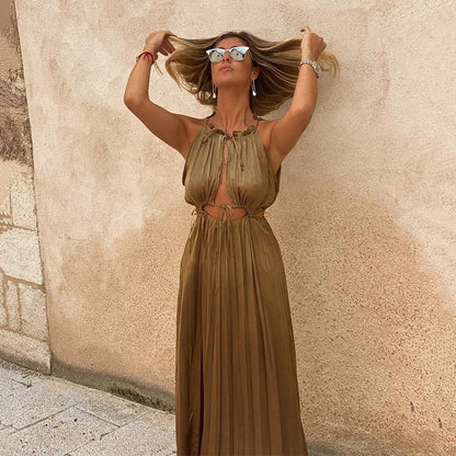 flowersverse Back to college Elegant O Neck Satin Lace Up Long    High Waist Hollow Out Sleeveless   Maxi Dress Party Dresses