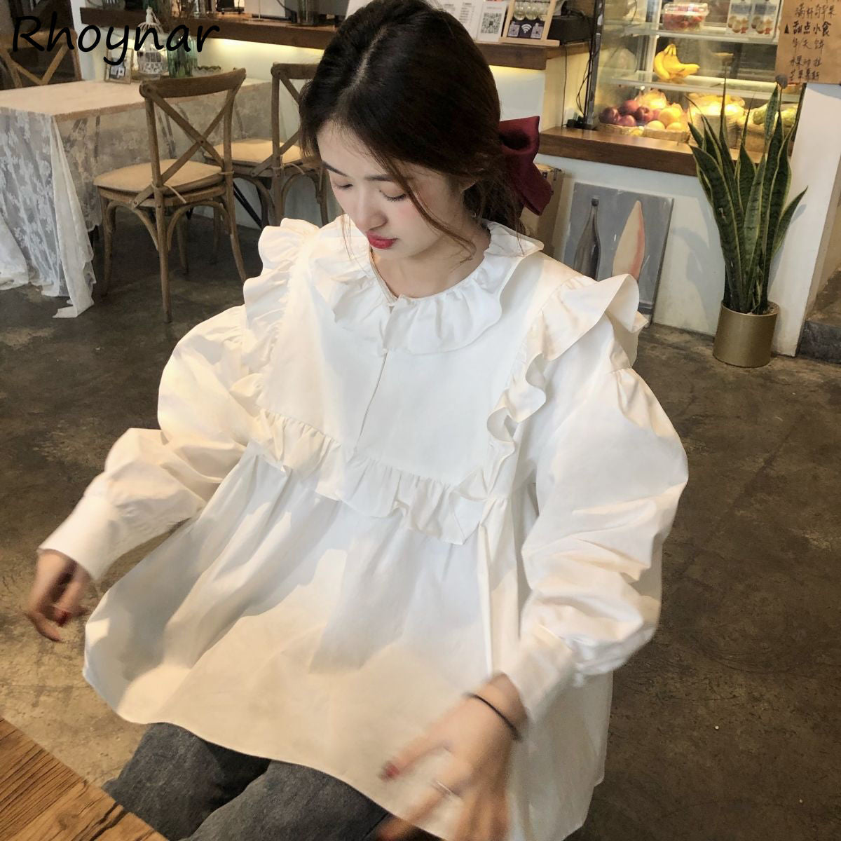 flowersverse Blouses Women French Vintage Peter Pan Collar Design Tender Japanese Style Full Sleeve Edible Tree Fungus Girlish Fashion Spring