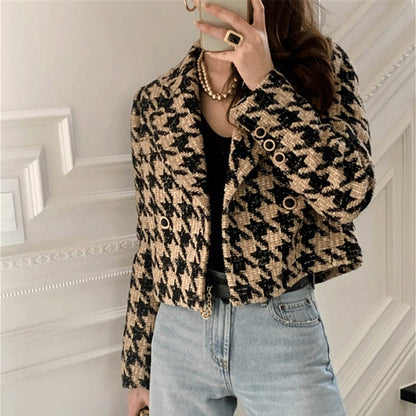 flowersverse Autumn Winter Women's Blazers Jackets Checkered Korean Lady Wild Plaid Bling Bling Short Tops JK1292