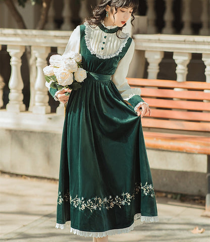 flowersverse Back to school outfit Cottagecore Prairie Chic Dress French Style Green Velvet Lantern Sleeve Heart-Shaped Bottom Embroidery Vintage Gatsby Dresses