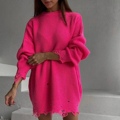 flowersverse Autumn Winter Women Knitted Sweater Long Sleeve Sexy Hole Asymmetric Hem Loose Pullover Elegant Street Casual Sweaters Dresses