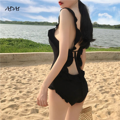 flowersverse Black One Piece Swimsuit Push Up Swimwear Women  Vintage Bikini Ruffle Monokini Backless Swimsuit Bodysuit Bathing Suit Wear