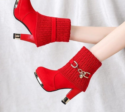 flowersverse Hot Selling High-Heeled Boots Woman Booties Women Short Boots Female Pointed Toes Slip On Slim Fall/Winter Shoes Red Black