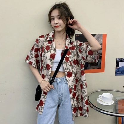 flowersverse Blouses Women Shirts Short Sleeve Summer Sum-Proof Harajuku Rose Print Vintage Retro Korean Style Loose Teens Streetwear Chic