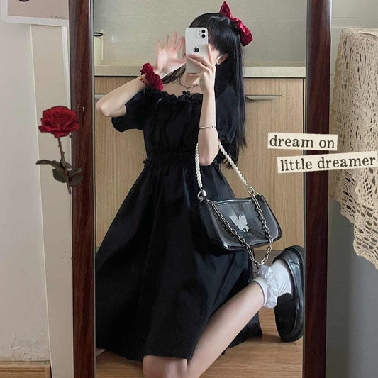 flowersverse Balck Puff Sleeve Women Dresses  Gothic Wrap Kawaii Cute Dress Goth Casual Sundress Dark Academia Clothes