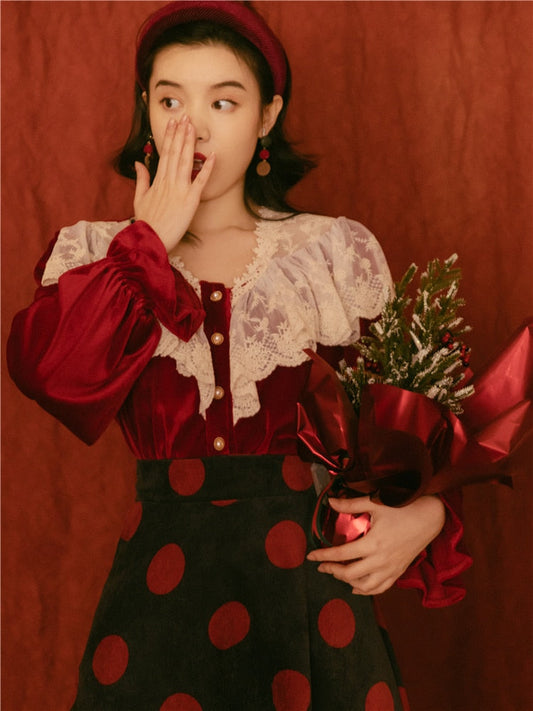 flowersverse Back to school Modern Vintage Style Lady Outfits Red & Brown Velvet Lace Flare Sleeve Blouse Tops Polka Dot Corduroy Skirt Retro 2 Piece Sets